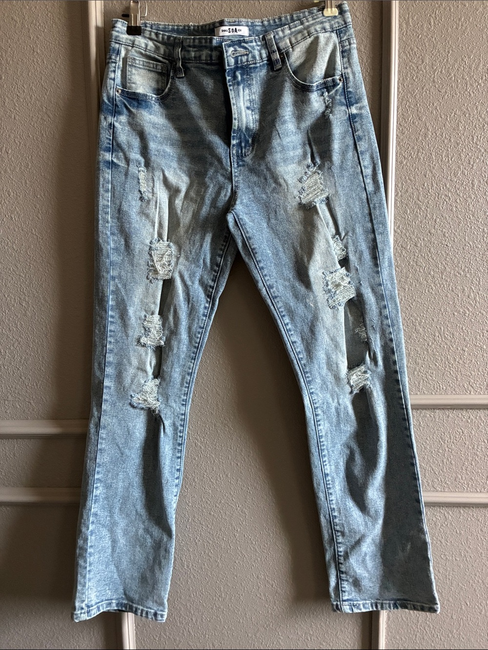 Light Blue Distressed Straight Leg Jeans